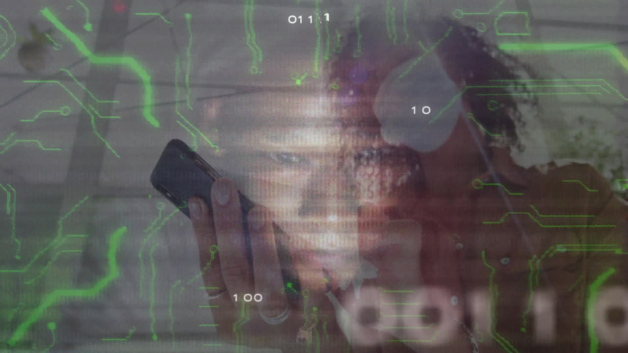 Holding smartphone in school, person viewing animation with binary code overlay