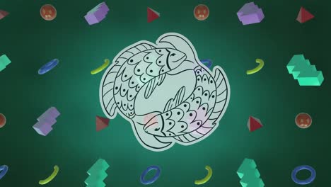 animación del símbolo de los peces sobre el espacio verde con diversas formas