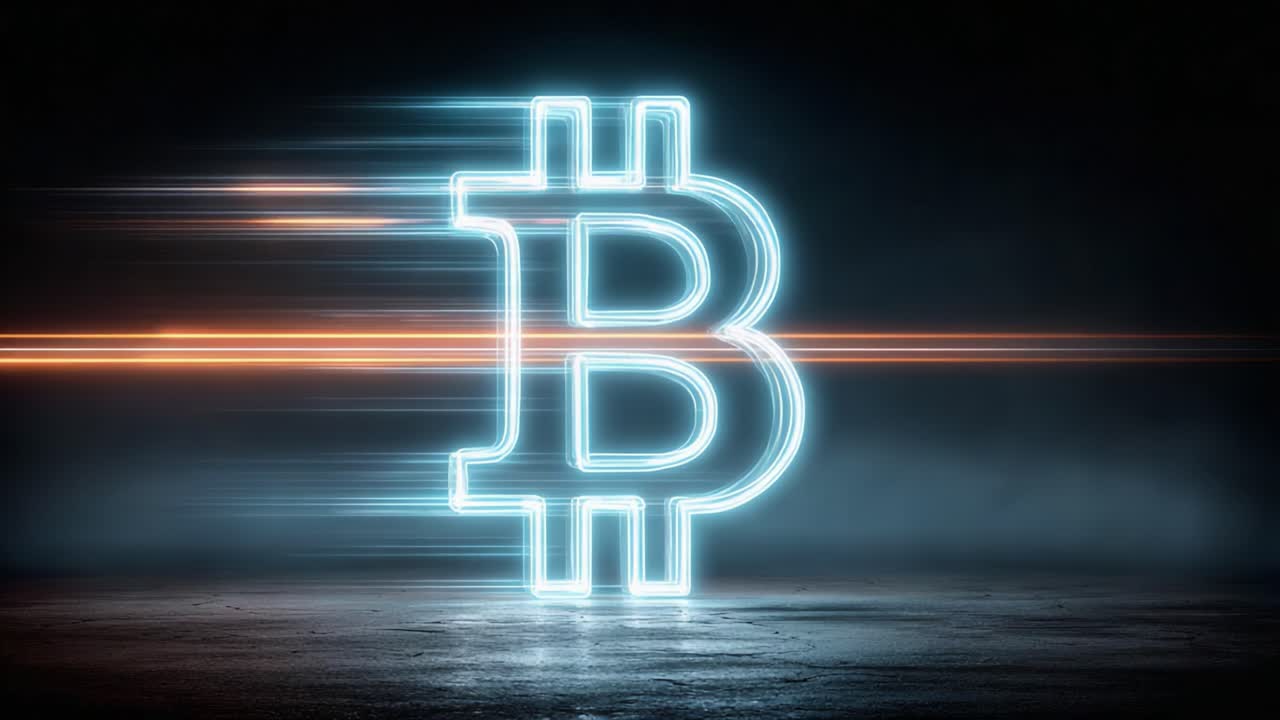 A Futuristic Representation of Bitcoin: Illuminated Logo in Motion Symbolizing Innovation and Digital Finance