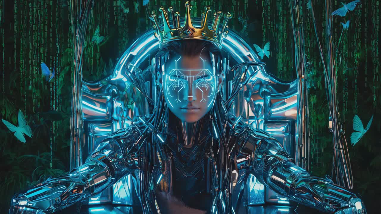 Cyborg Queen on a Digital Throne