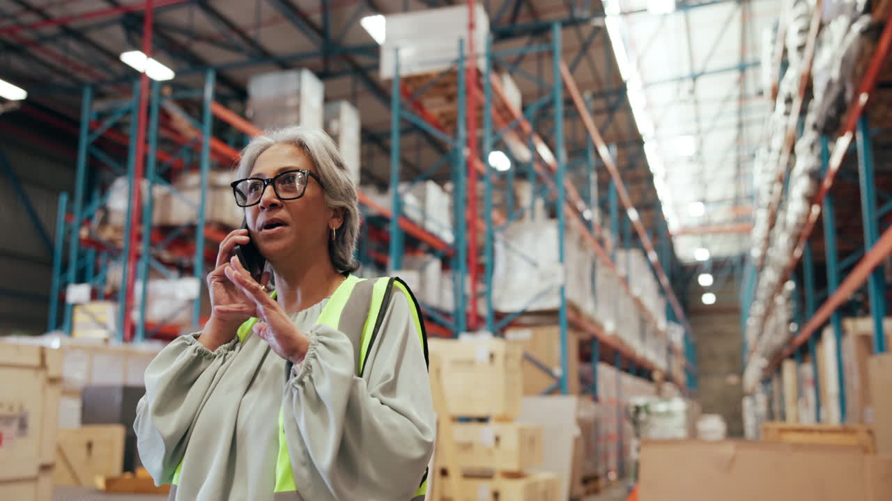 Senior Woman Talking on Phone in a Busy Warehouse