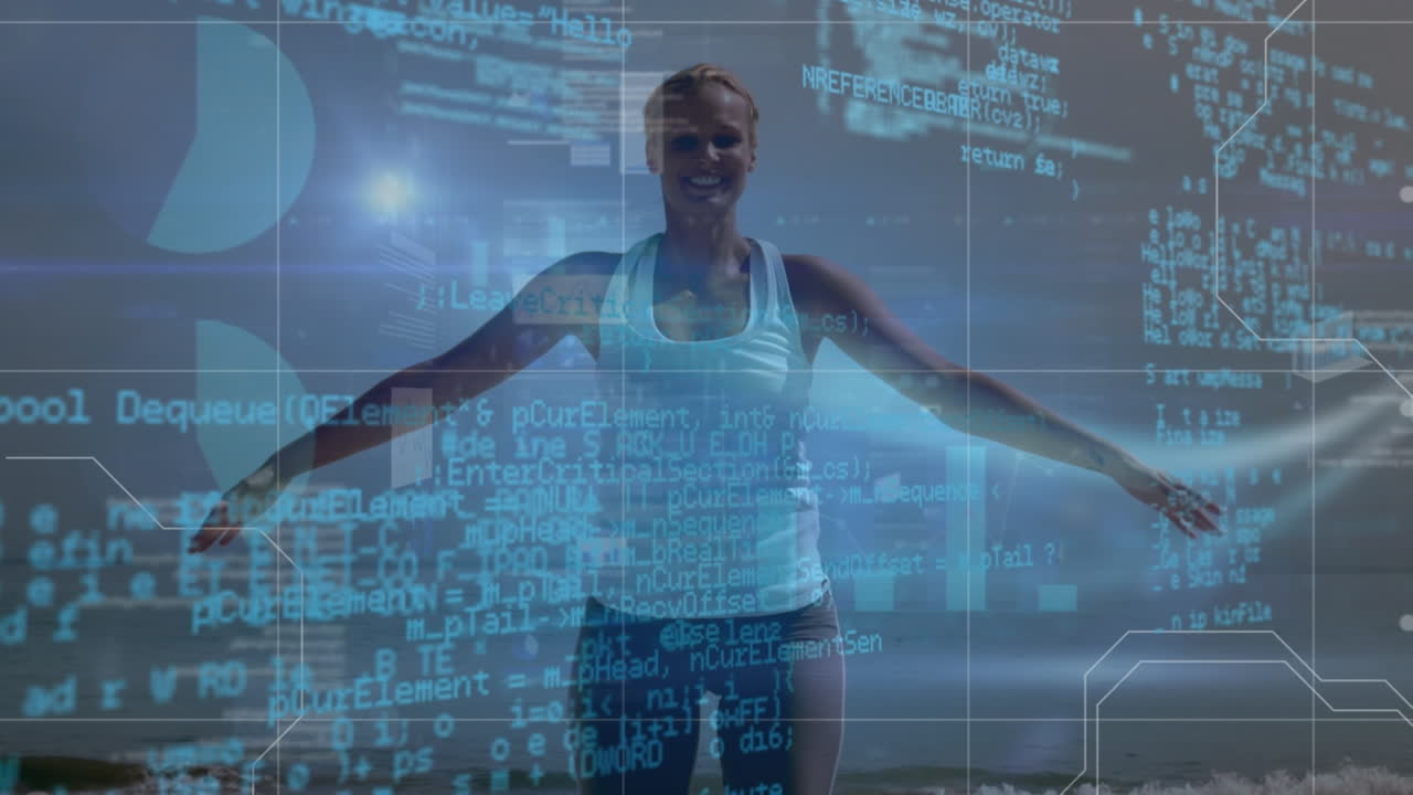 Animation of digital screen with data over caucasian woman exercising on beach