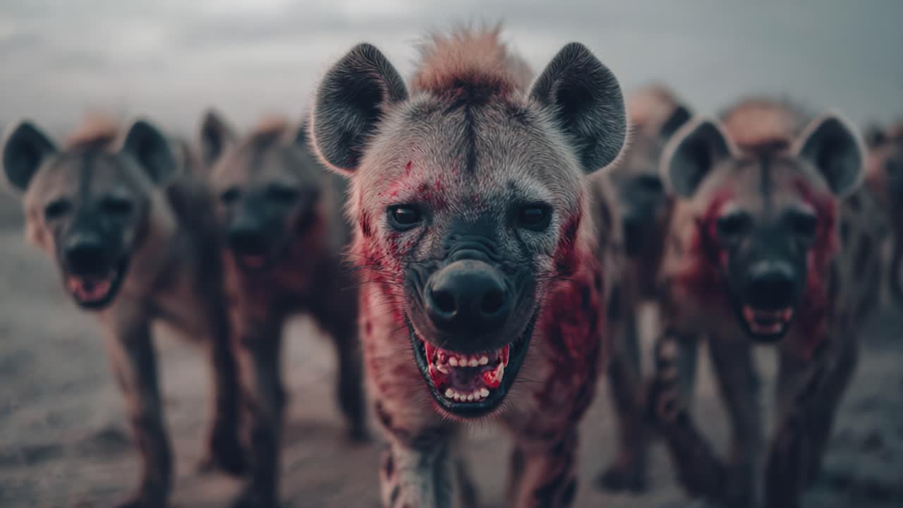 A Pack of Hyenas Approaches Menacingly, Bloodied and Ready to Hunt in a Gritty Wilderness Setting, Showcasing Their Predatory Nature and Fierce Pack Dynamics