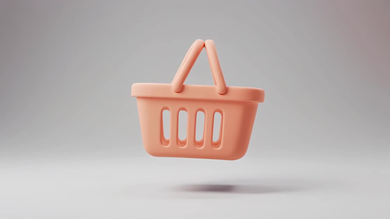 Icono de cesta de la compra color melocotón renderizado en 3D flotando