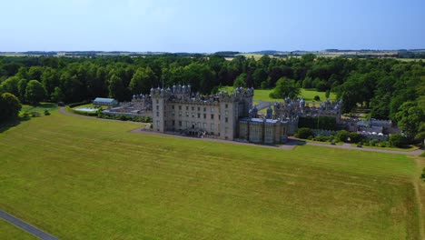 aerial view of scottish castle and garden in scottish borders, famous landmark in kelso, scotland, united kingdom