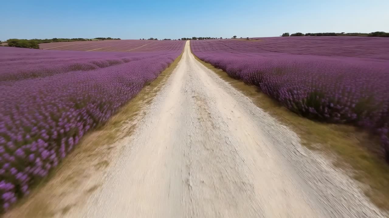 Caméra planant, partant de bas et se stabilisant au-dessus d’un chemin de gravier à travers la lavande, menant à l’horizon