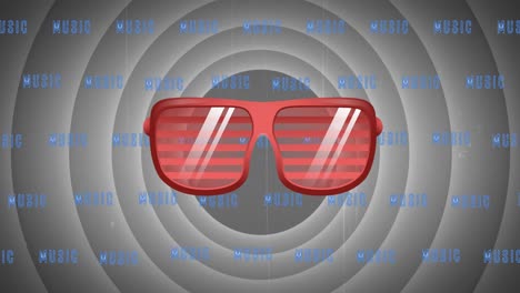 Animation-of-party-red-sunglasses-and-music-text-in-repetition-over-grey-circles