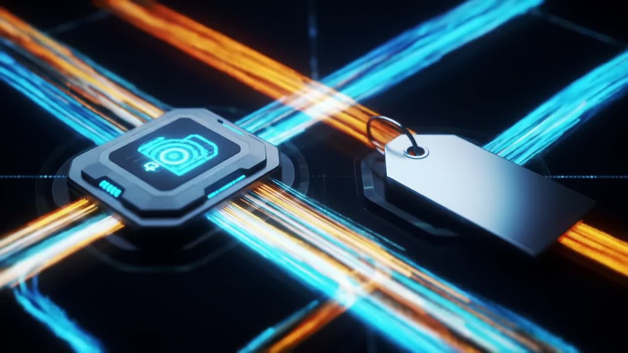 A Futuristic Interface Featuring Dynamic Digital Channels and a Tag Emphasizing Technological Connectivity in a High-Tech Environment