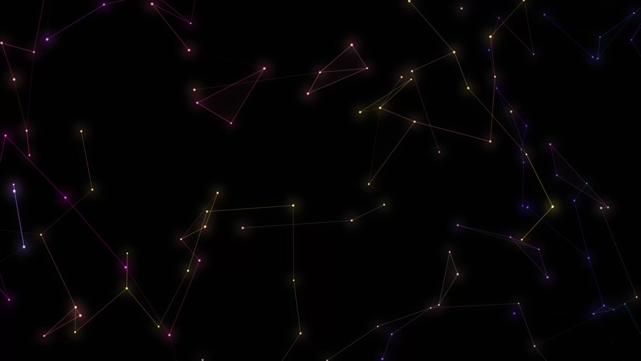 Colorful neon nodes and connecting plexus lines drift seamlessly across a black background.