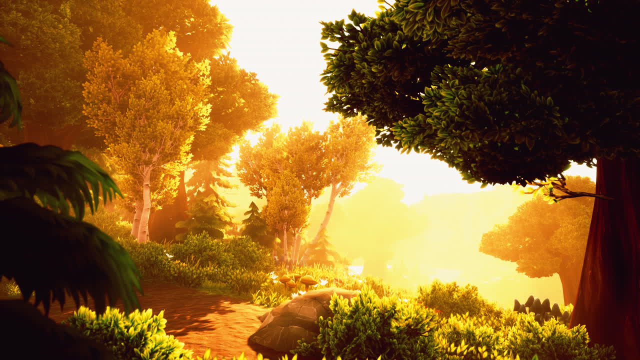 dibujo animado florecimiento del bosque verde en la puesta de sol