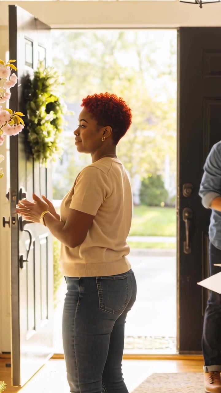 Vertical video: Woman in tan top adjusting wreath and flowers at door, man arriving holding papers