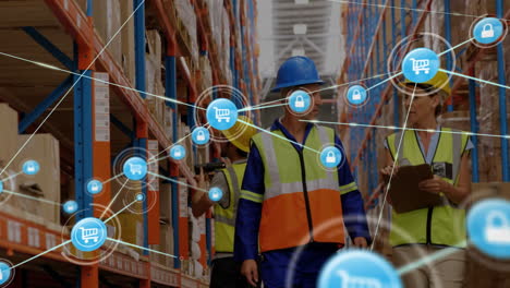 animation of network of connections over diverse workers talking in warehouse