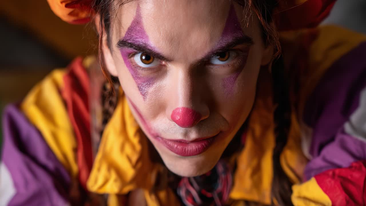 Captivating Close-Up of a Colorful Clown with Bold Makeup and Expressive Eyes, Displaying a Unique Artistic Style in a Playful Atmosphere