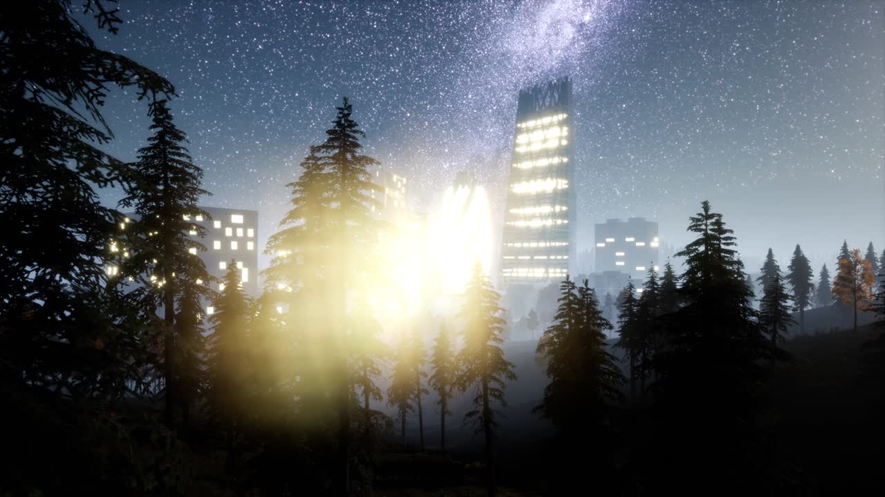 rascacielos de la ciudad por la noche con estrellas de la vía láctea