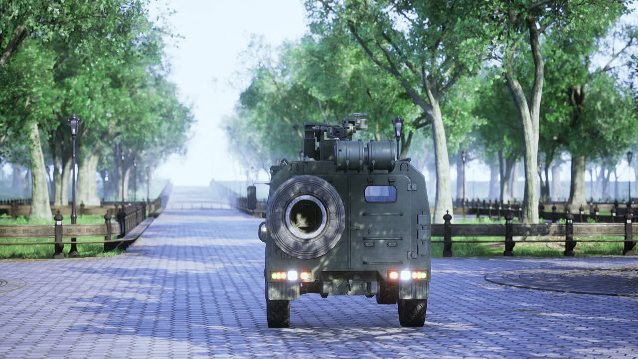 Military vehicle navigating a serene park under bright daylight
