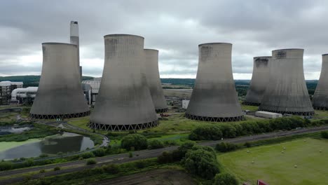 aerial view across ratcliffe-on-soar power station smokestack chimneys, nottingham, england