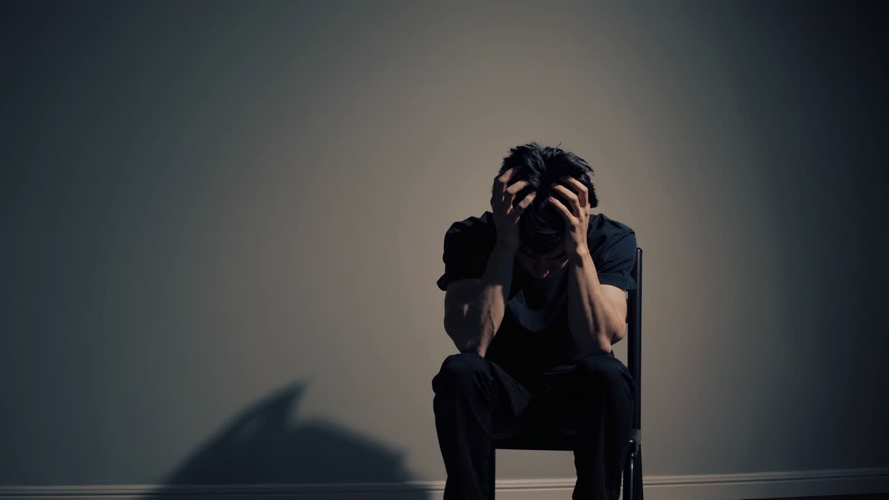 A dramatic, low-angle video shot of a person sitting in a dimly lit room, head in hands