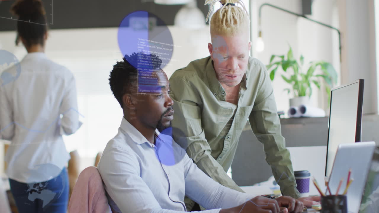 Animation of data processing over diverse business people in office