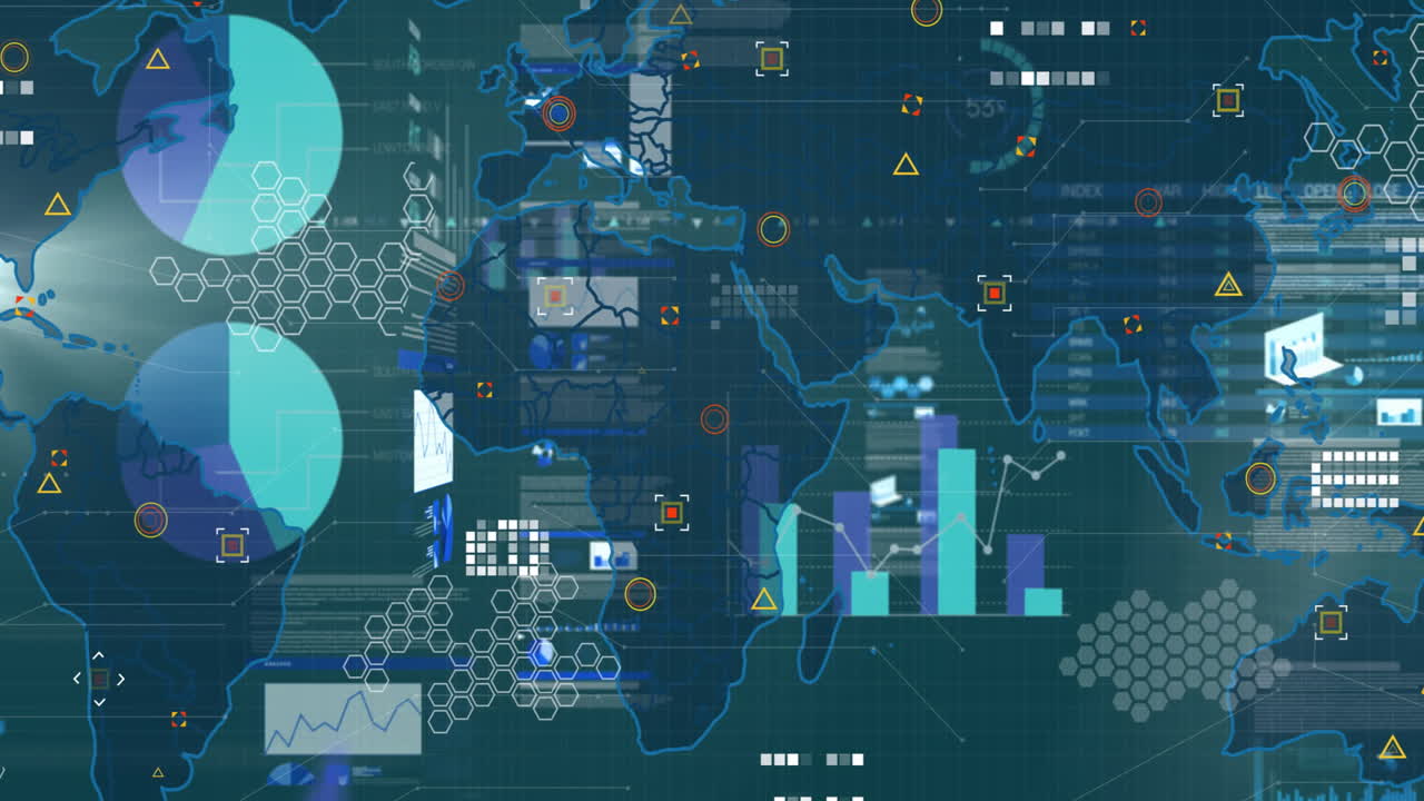 Animation showing digital map with data charts and graphs overlaying global network