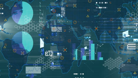 animation showing digital map with data charts and graphs overlaying global network