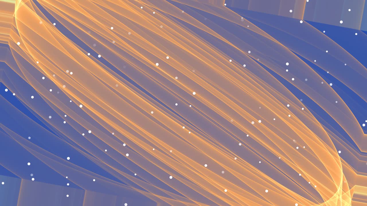 Orange curves rotating right and left on cool blue area, white small dots flying on background. Abstract animated vfx
