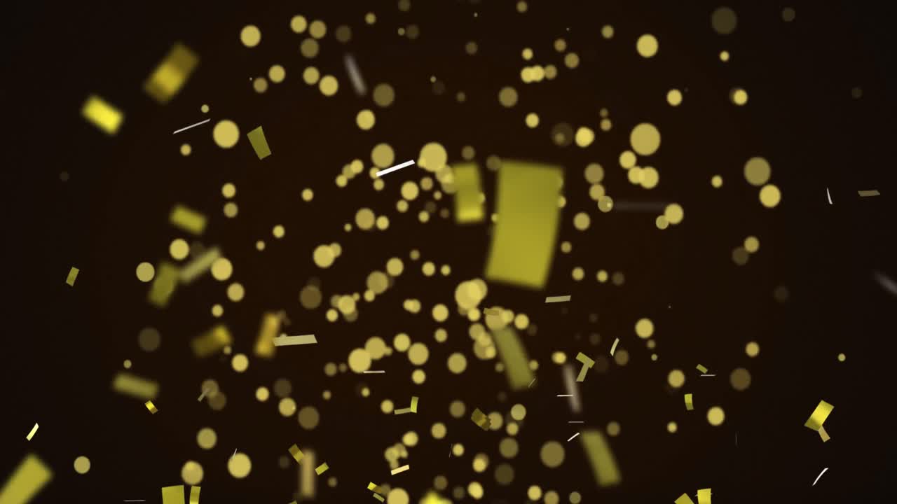 Animation of golden confetti floating on black background