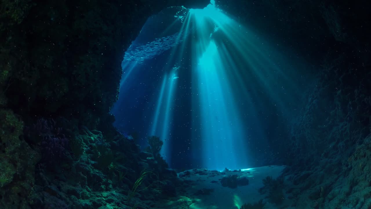 Underwater cave video with sunlight beams, captured from a low angle, creating a mystical ambiance