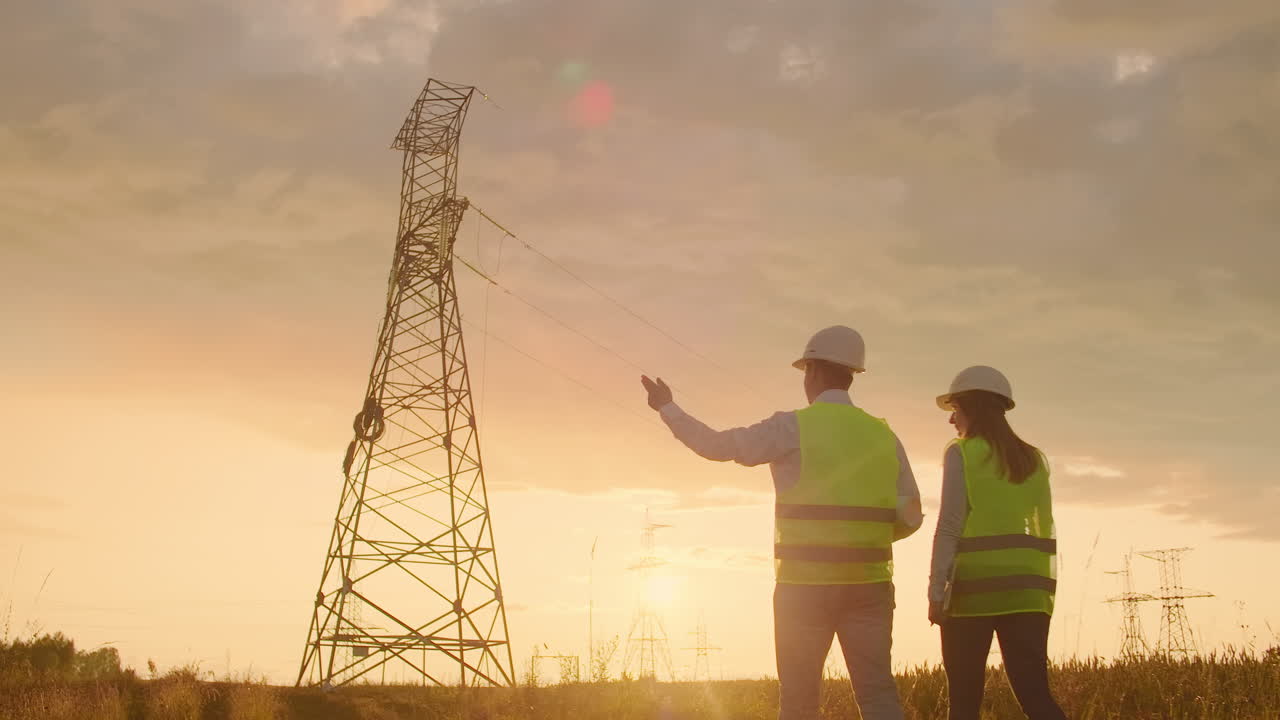 la vista desde la parte trasera: dos ingenieros un hombre y una mujer con cascos con una tableta de ingeniero caminan en el campo con torres de electricidad y discuten la construcción adicional de torres