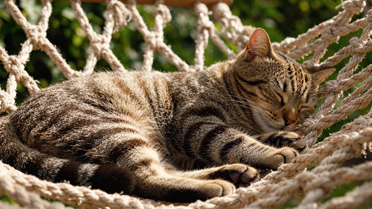 Un gatto soddisfatto che sonnecchia pacificamente su una comoda amaca in mezzo a una vegetazione lussureggiante, godendosi un momento di serenità e relax alla luce del sole.
