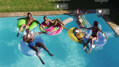 relaxing on pool floats, people receiving animation of social media notifications