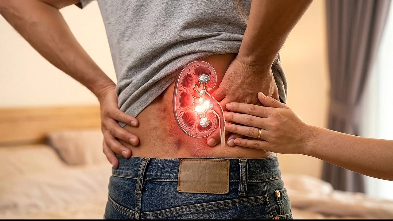 Man Experiencing Severe Lower Back Pain with Glowing Kidney Anatomy Graphic