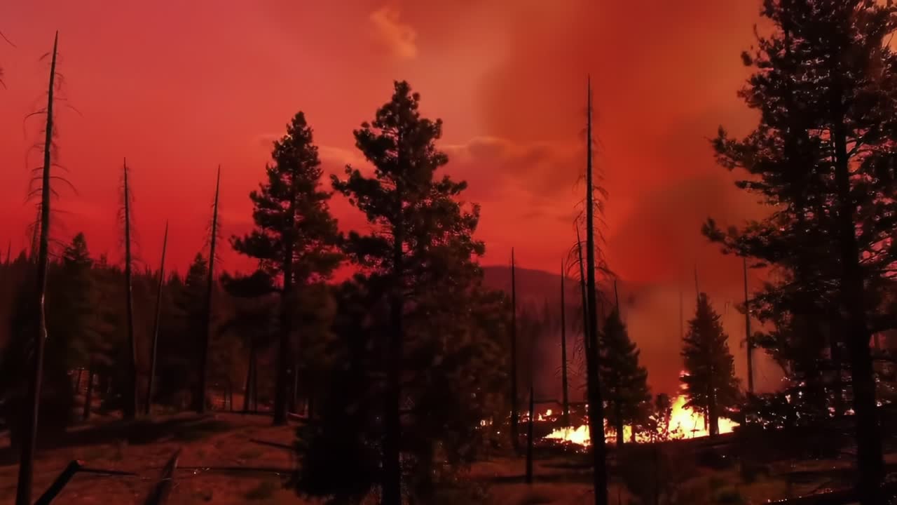 A dramatic landscape engulfed in flames, showcasing the devastating impact of wildfires on forest ecosystems under a fiery red sky