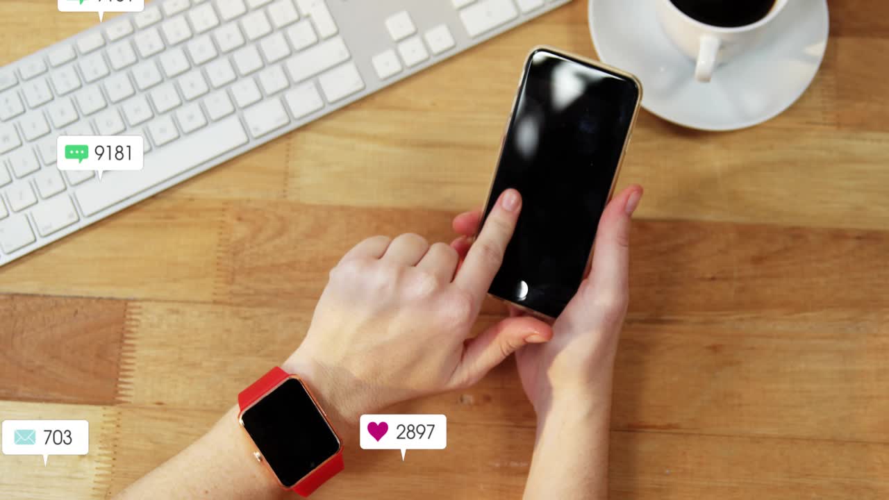 Hands holding phone, right finger tapping, pings causing badges grouping by watch showing activity