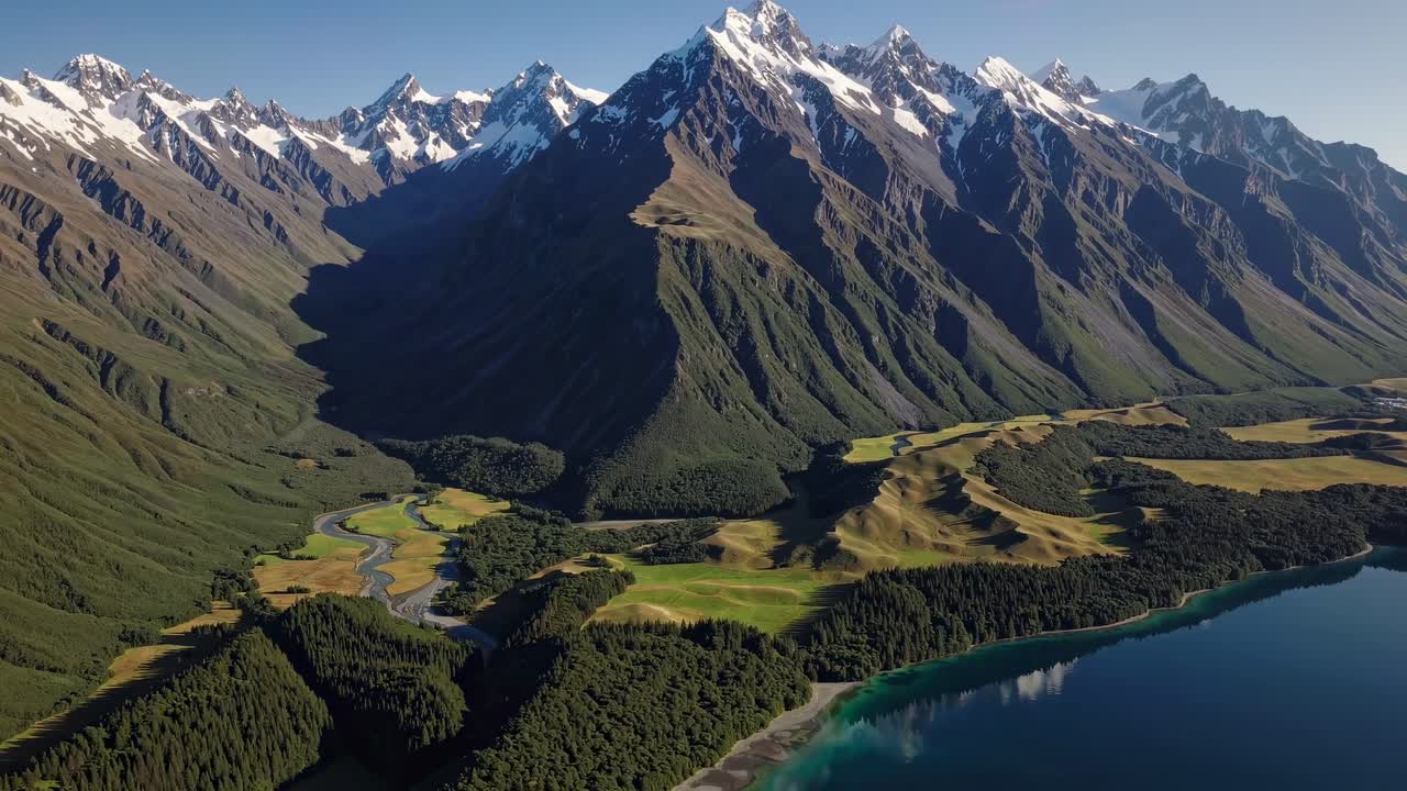 Un video aereo riprende maestose montagne innevate e valli lussureggianti, mostrando paesaggi mozzafiato.
