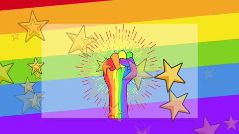 animation of pride lgbtq rainbow fist and stars falling over rainbow background