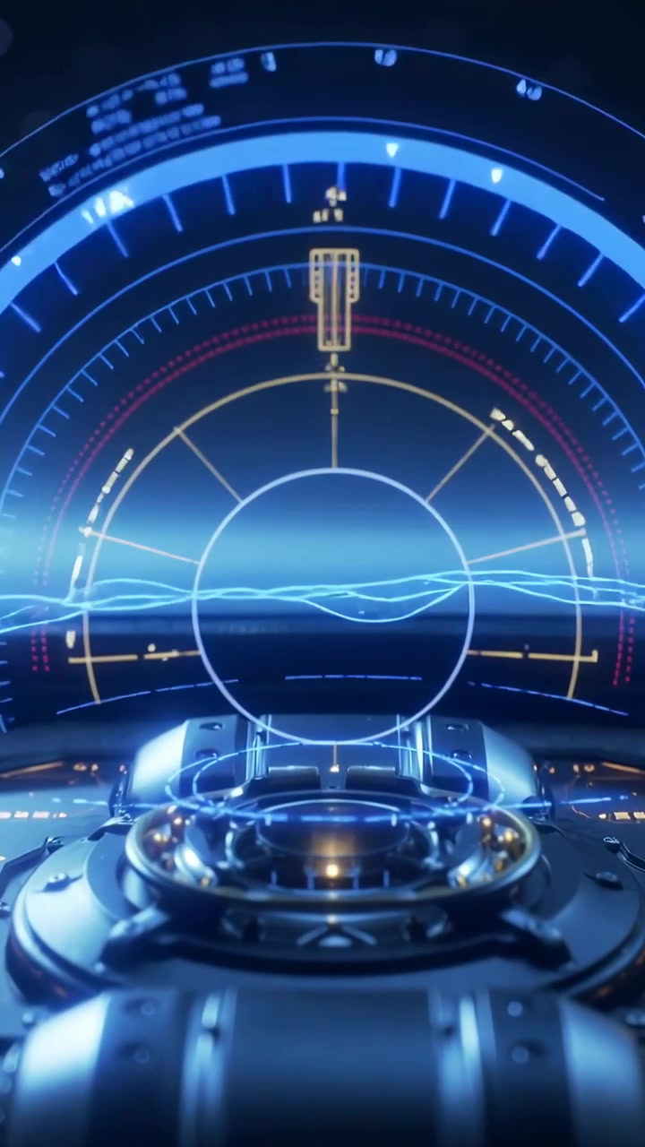 Vertical video: Powering HUD and console in cockpit, animating reticle, waveform, ring, markers