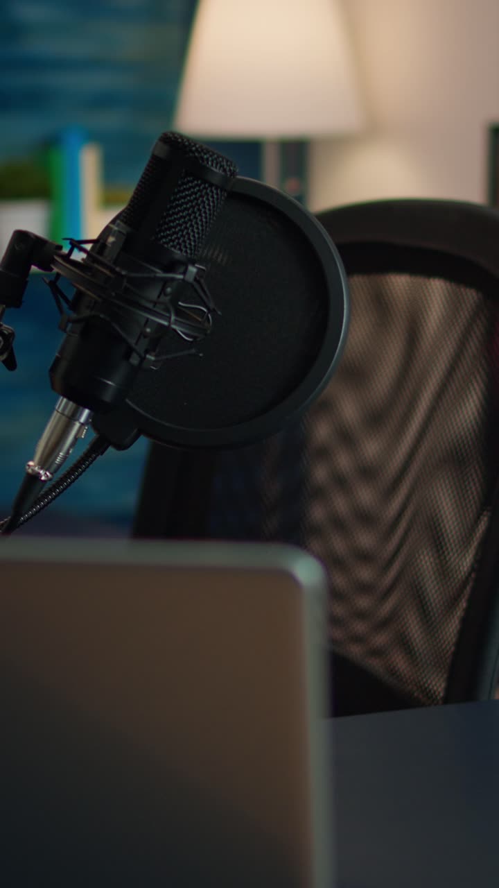 Vertical video: Podcast home studio in living room with professional brodcasting