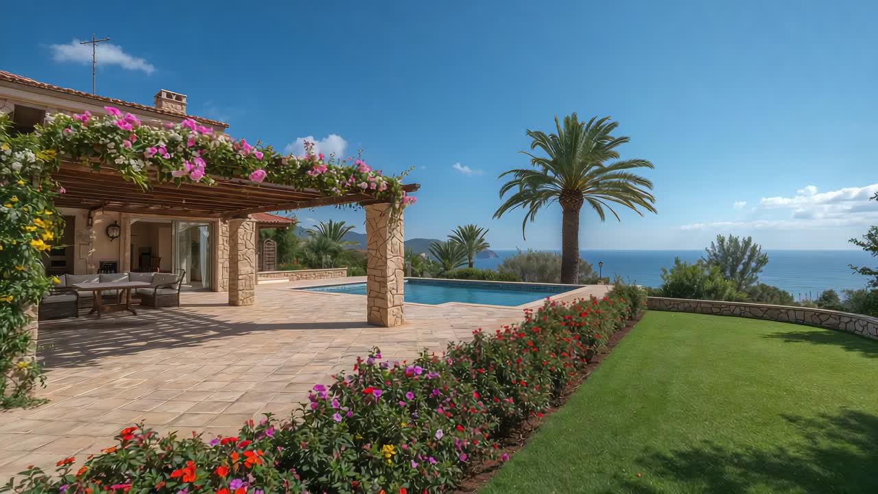 Movimento orizzontale della telecamera verso destra, rivelando il pergolato e la piscina a sfioro della villa, con vista sul mare
