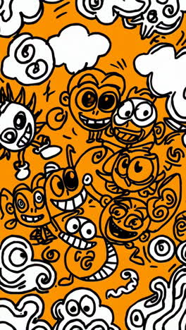 vibrant orange doodle art with whimsical cartoon faces and swirls