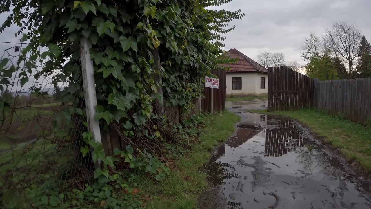 Puddles reflecting a cloudy sky on a rainy day create a serene atmosphere in the countryside, leading toward a charming house for sale nestled behind a rustic wooden fence