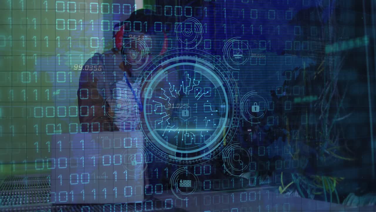 Animation of data processing over african american male worker in server room