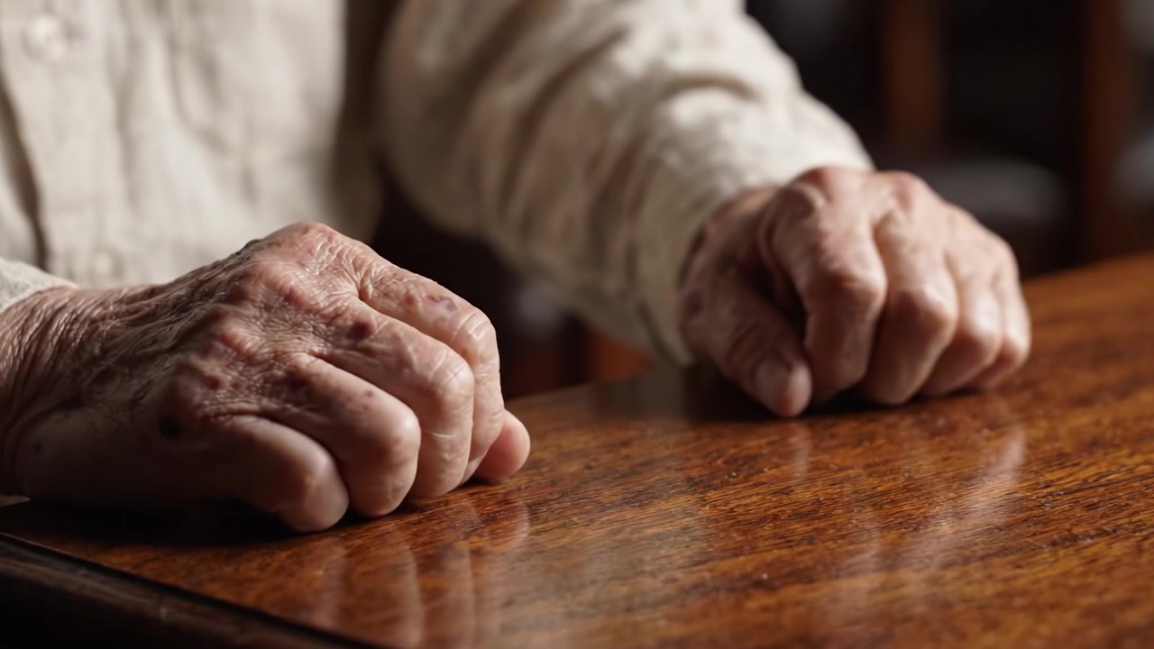 Un'attenta osservazione di mani invecchiate che riposano su un tavolo di legno, raffigurando il passare del tempo e le storie che custodiscono nelle loro venature.