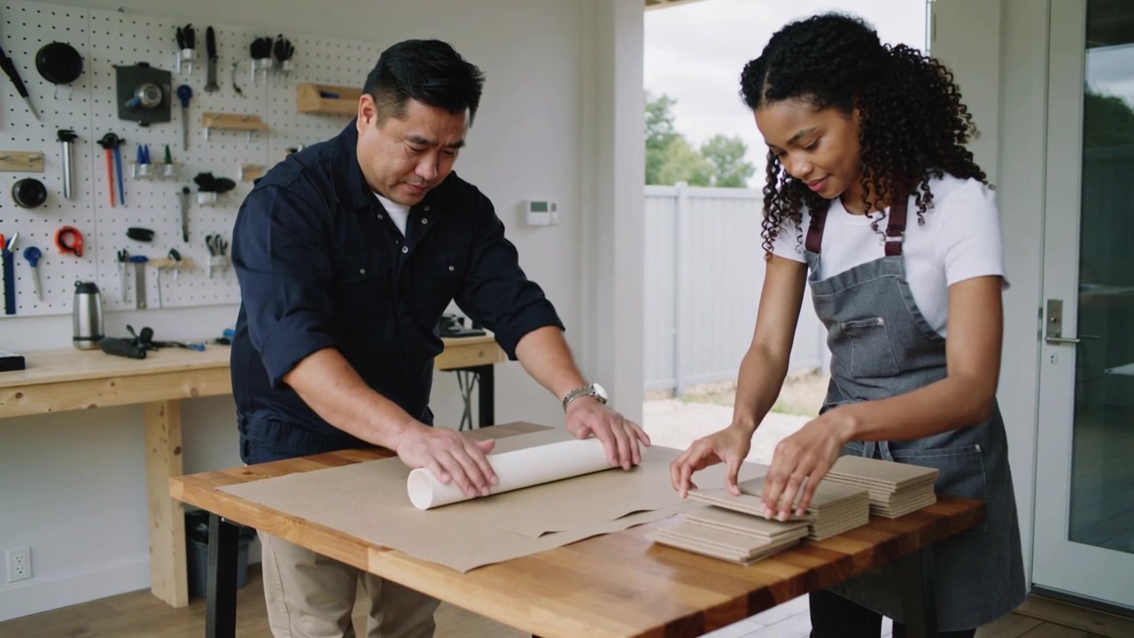 After order man rolling kraft-roll and woman in apron stacking cardboard in shop for shipment