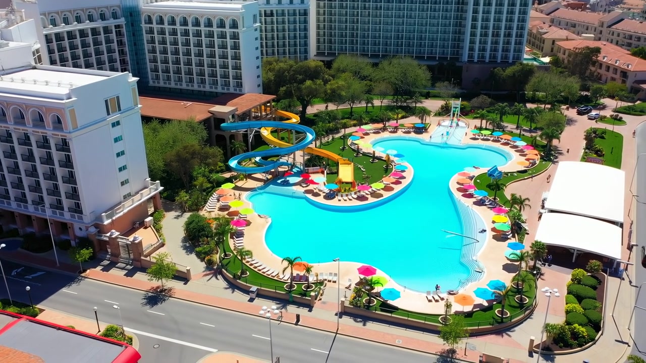Piscina di un resort ripresa dall'alto con scivolo a spirale, vasca a forma di laguna turchese, ombrelloni colorati, file di lettini.
