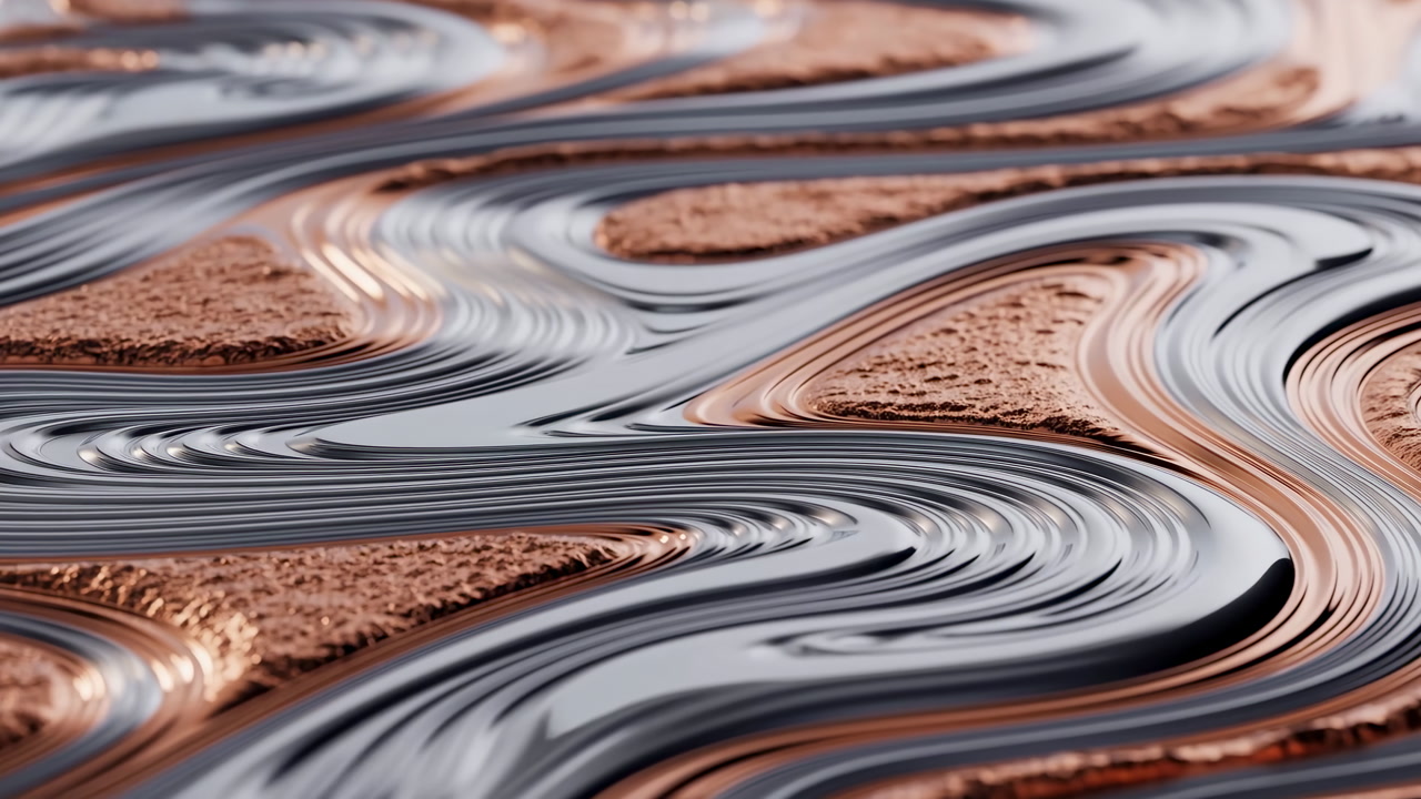 Closeup Molten Metal Waves Flowing Over Copper Ridges, Glossy Silver Streams Weaving Organic Curves,