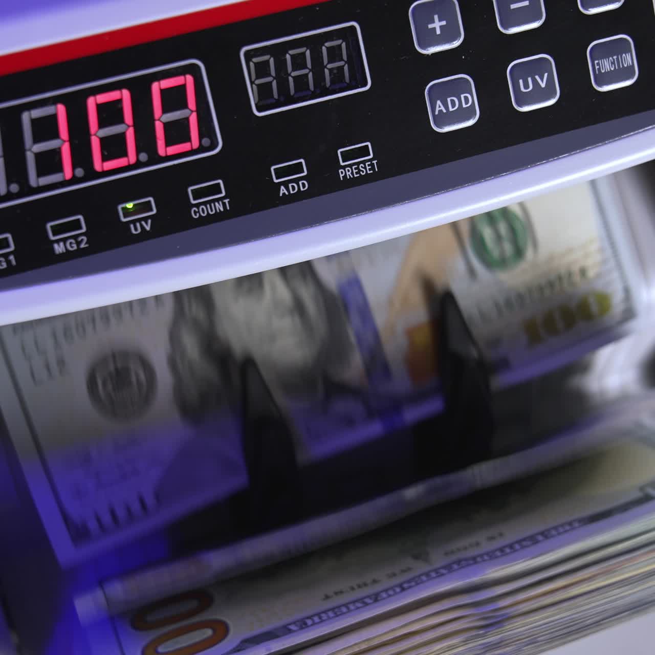 Money counting equipment for paper money calculation. Automatic mechanism for bank financial operations