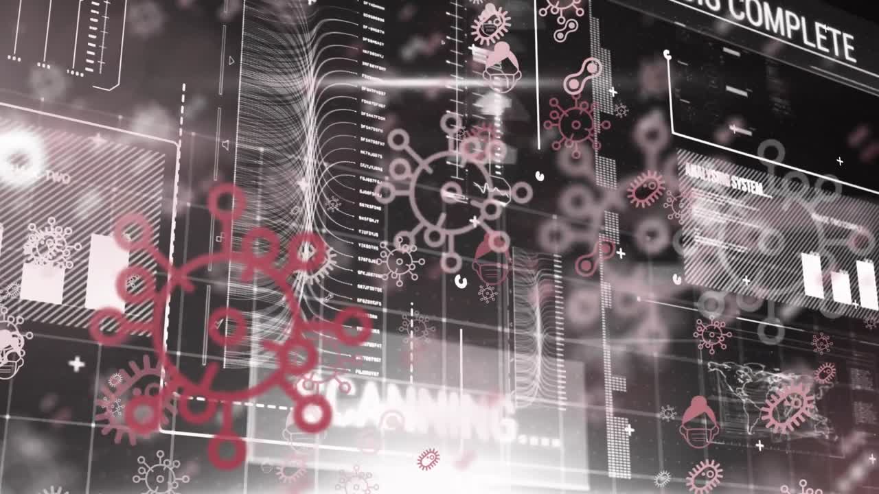 데이터 처리와 디지털 인터페이스를 통해 여러 코로나19 세포 아이콘의 디지털 애니메이션