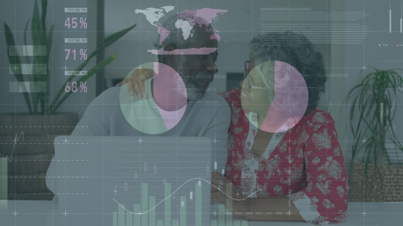 Animation of data processing over diverse senior couple using laptop