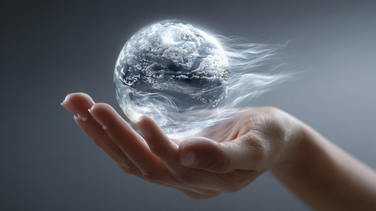 A delicate hand cradles a transparent orb, depicting swirling clouds and mist, symbolizing the fragile balance of nature and the essence of earth held with care
