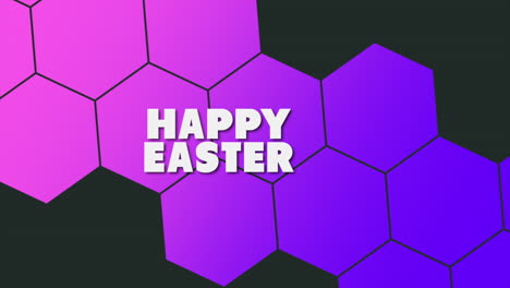 geometric easter pattern pink and purple hexagons with happy easter text on black background